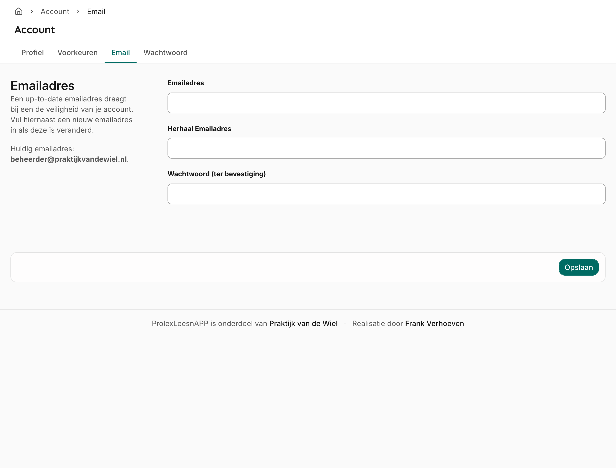 Het tabblad Email met invoervelden voor het nieuwe e-mailadres en wachtwoordbevestiging