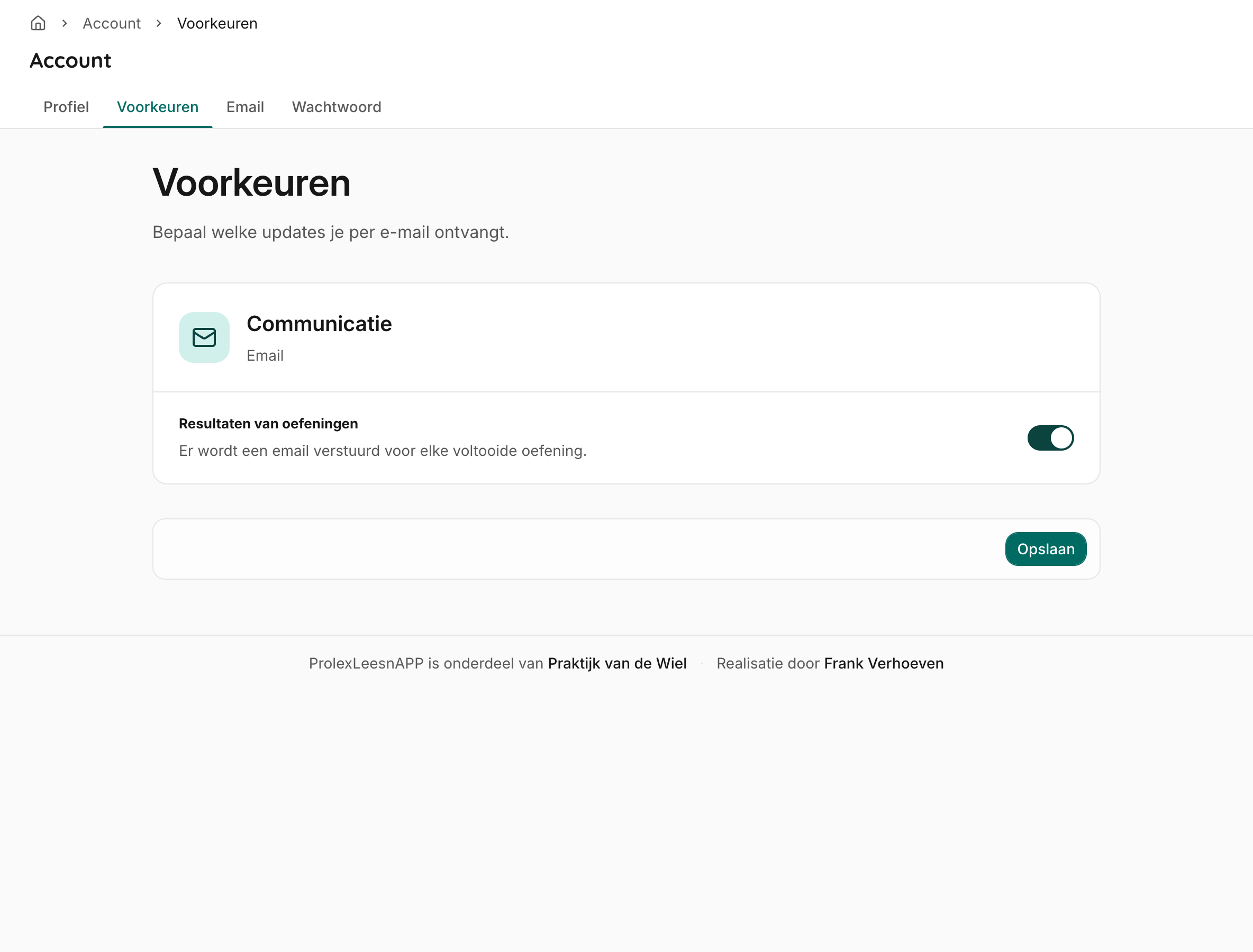 Het tabblad Voorkeuren met een schakelaar voor het ontvangen van resultaten per e-mail