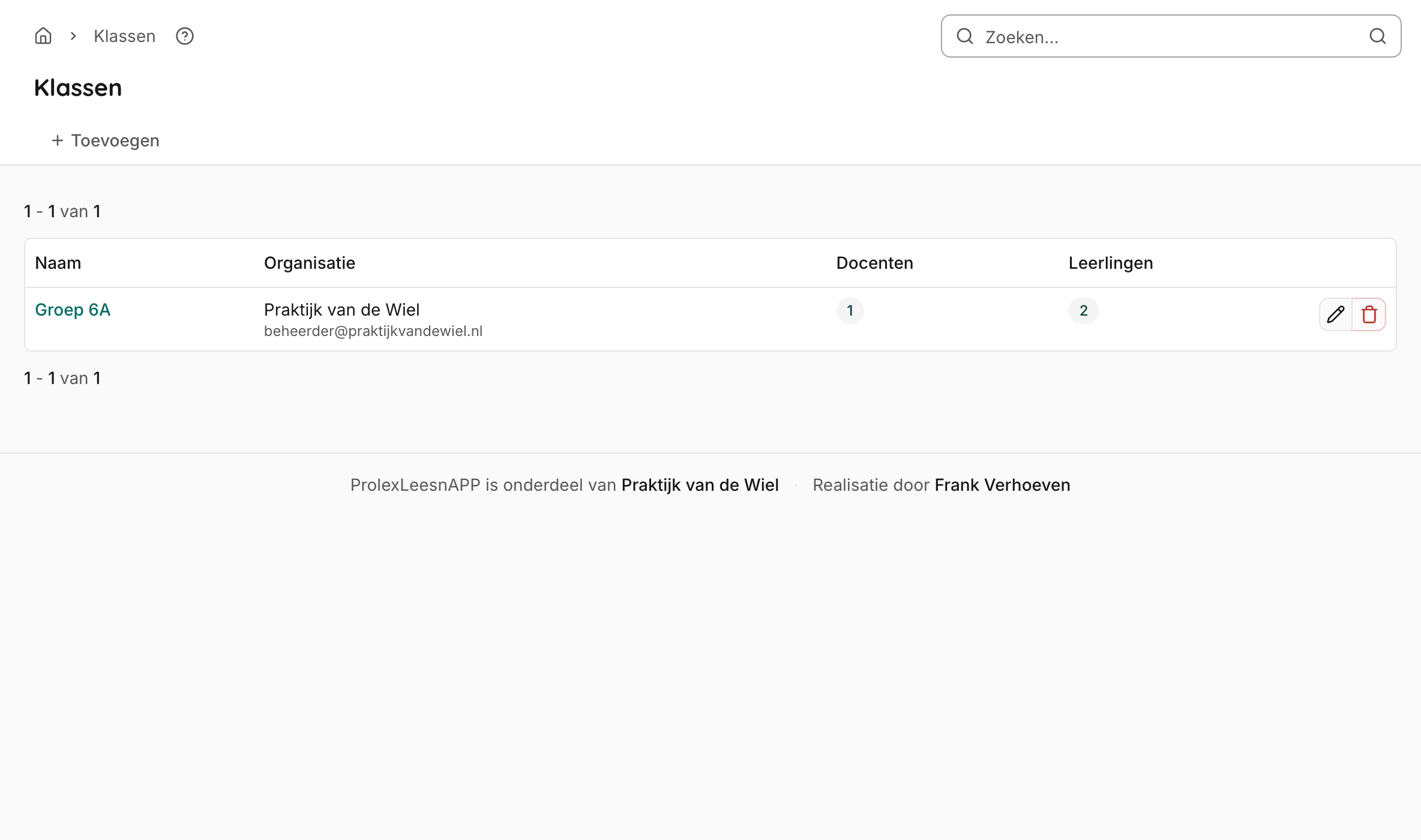 Het klassenoverzicht in het backoffice met een lijst van bestaande klassen