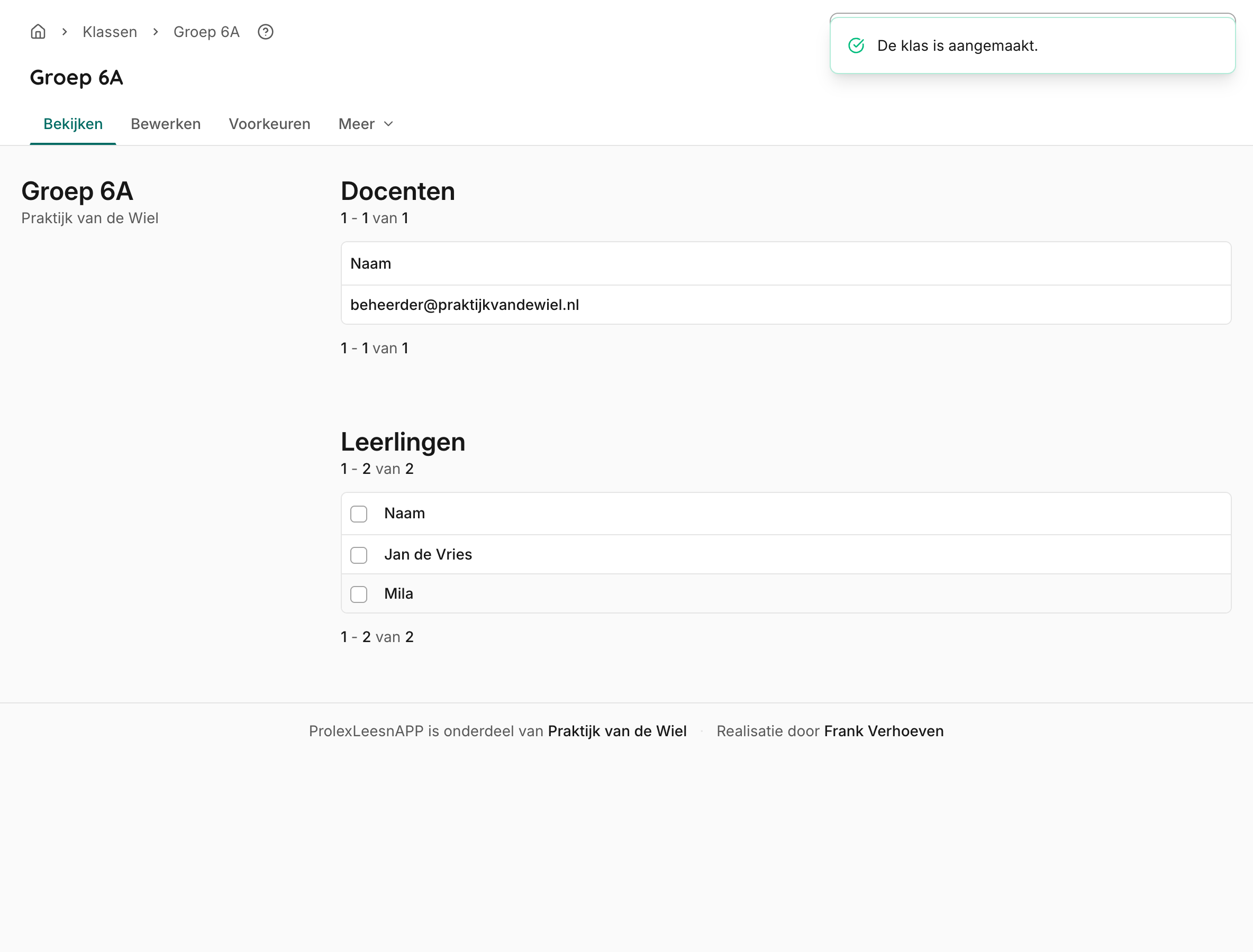 De detailpagina van een klas met begeleiders en leerlingen