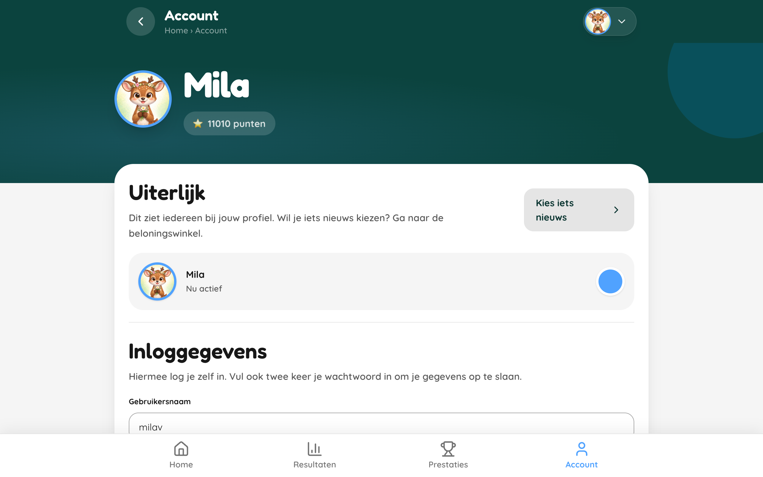 Het accountscherm met avatar, puntentotaal, uiterlijk en inloggegevens