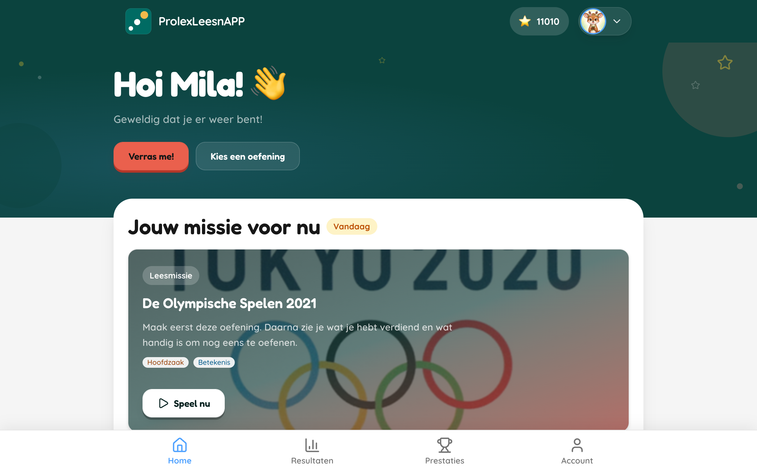 Het dashboard van de spelomgeving met een persoonlijke missie