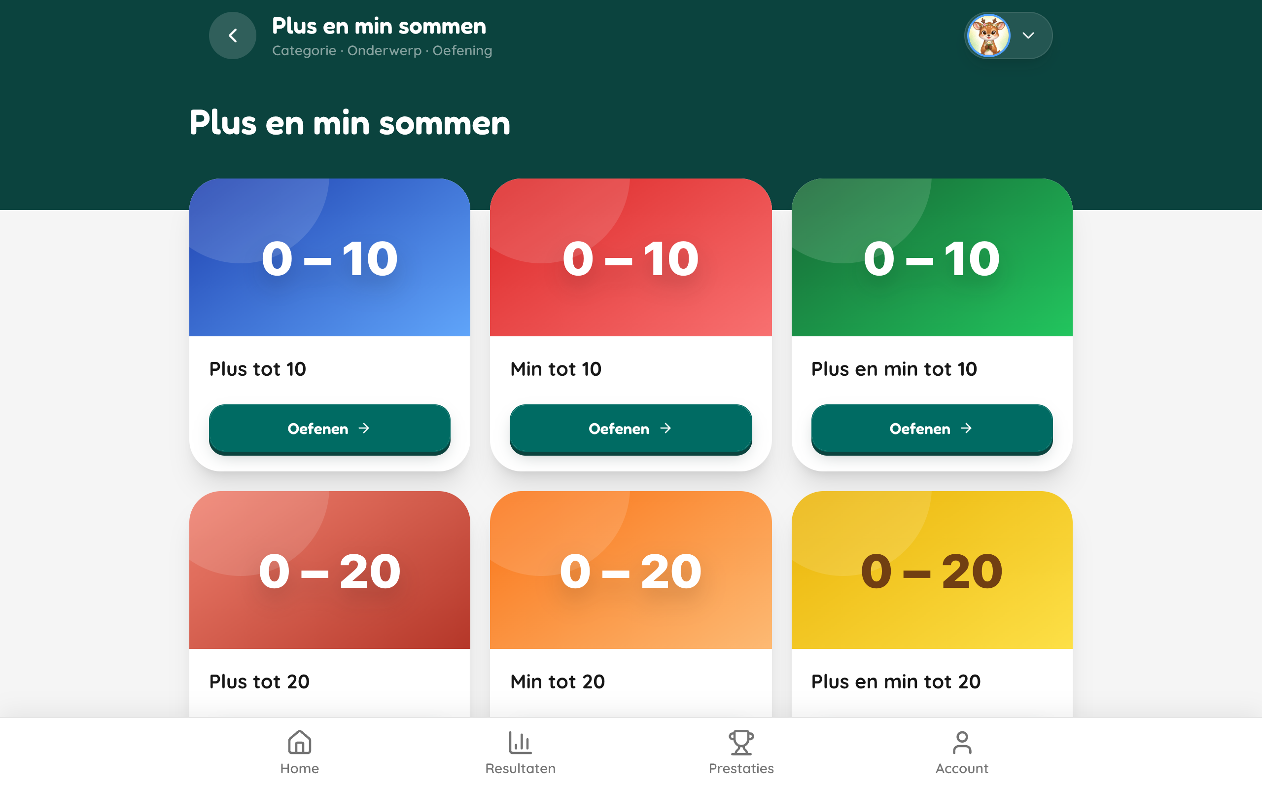 Beschikbare rekenoefeningen met kleurrijke kaarten en oefenknoppen