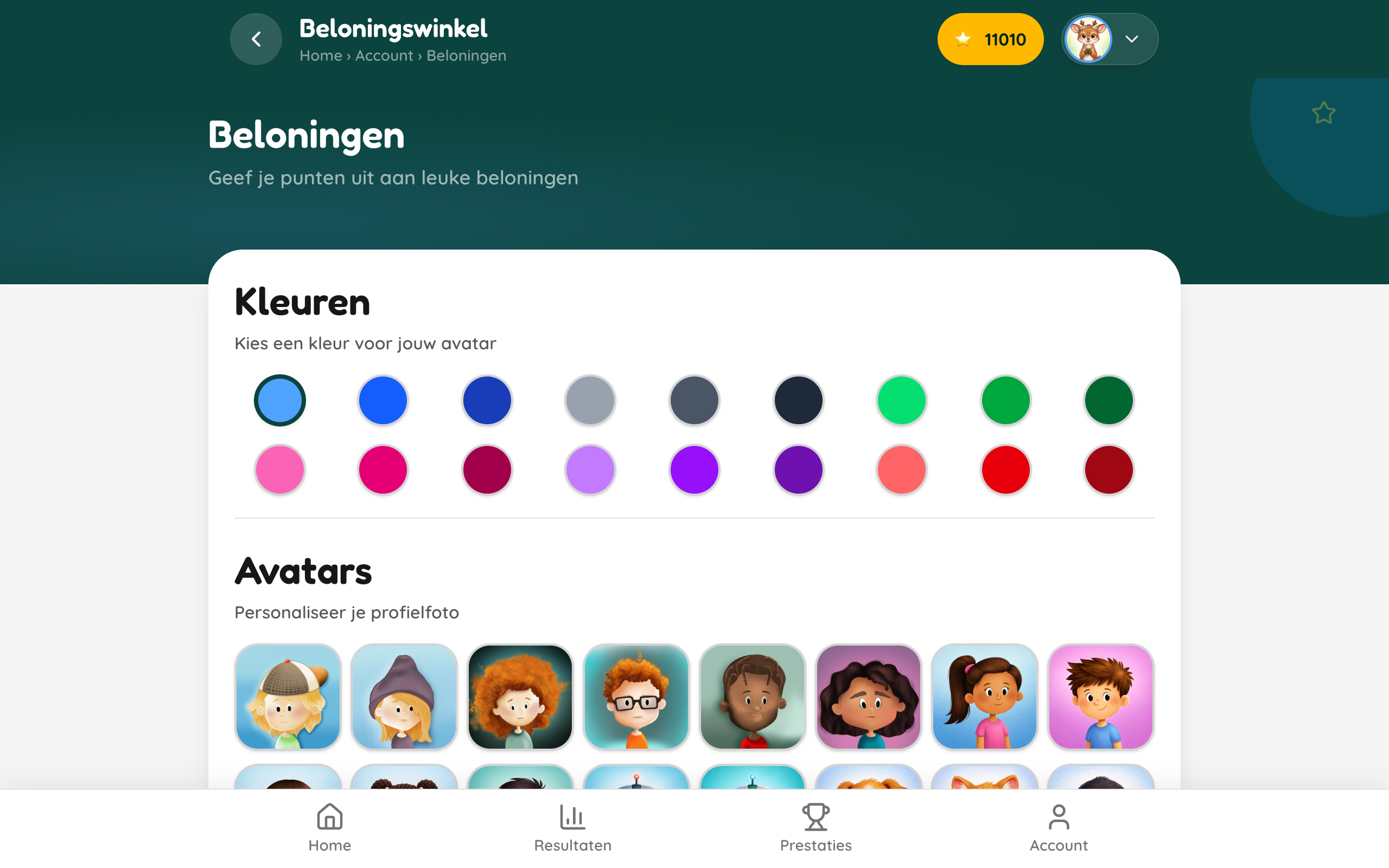 De beloningswinkel met kleuren, avatars en power-ups