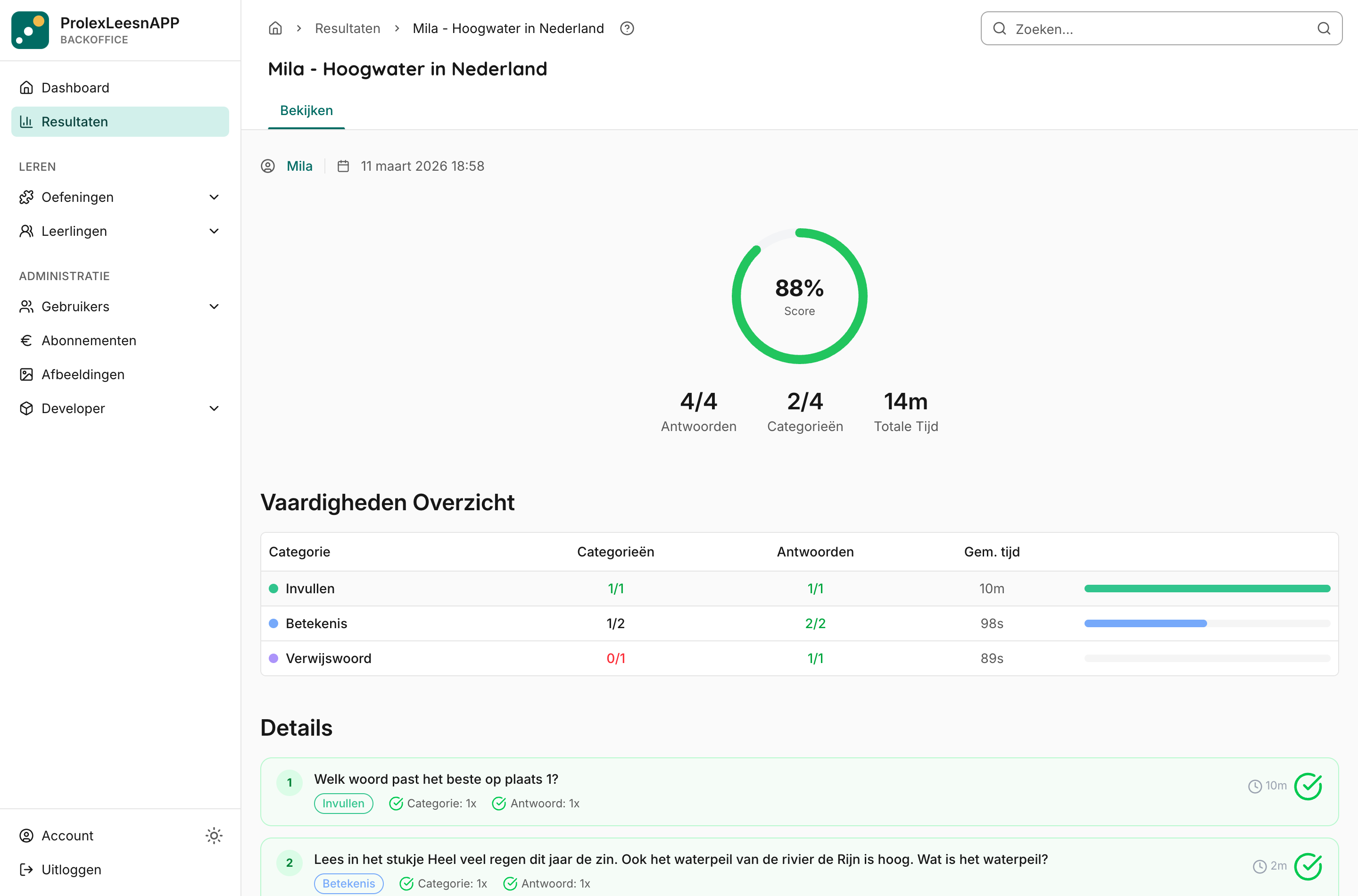 Voorbeeld van een resultaat voor volwassenen met aparte scores voor antwoorden en vraagtypen en een overzicht per vraagtype.