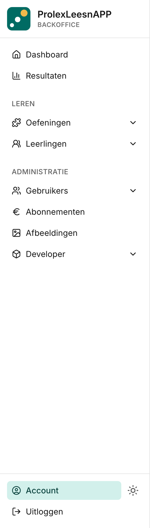 Zijbalk met het Account-menu onderaan