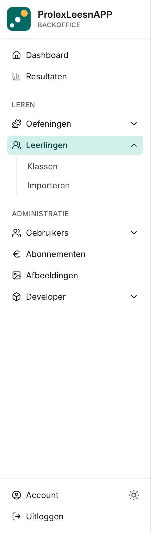 Zijbalk met het Leerlingen-menu uitgeklapt