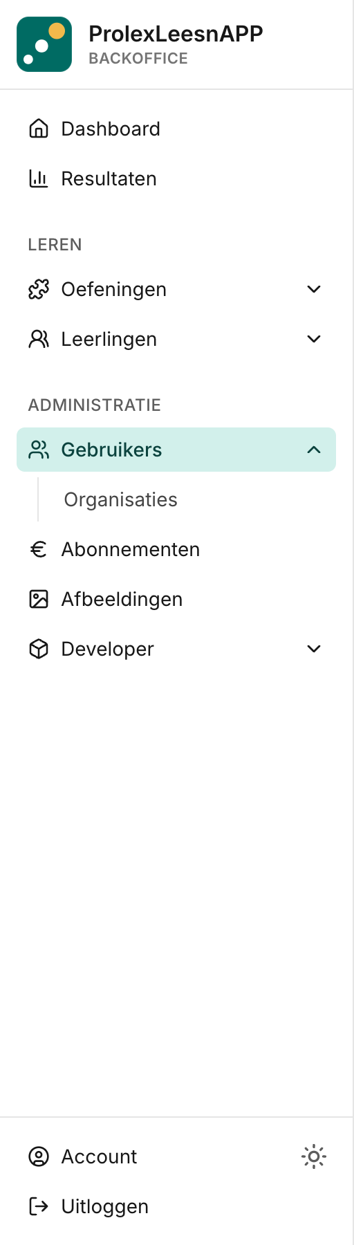 Zijbalk met het Administratie-menu en de optie Gebruikers