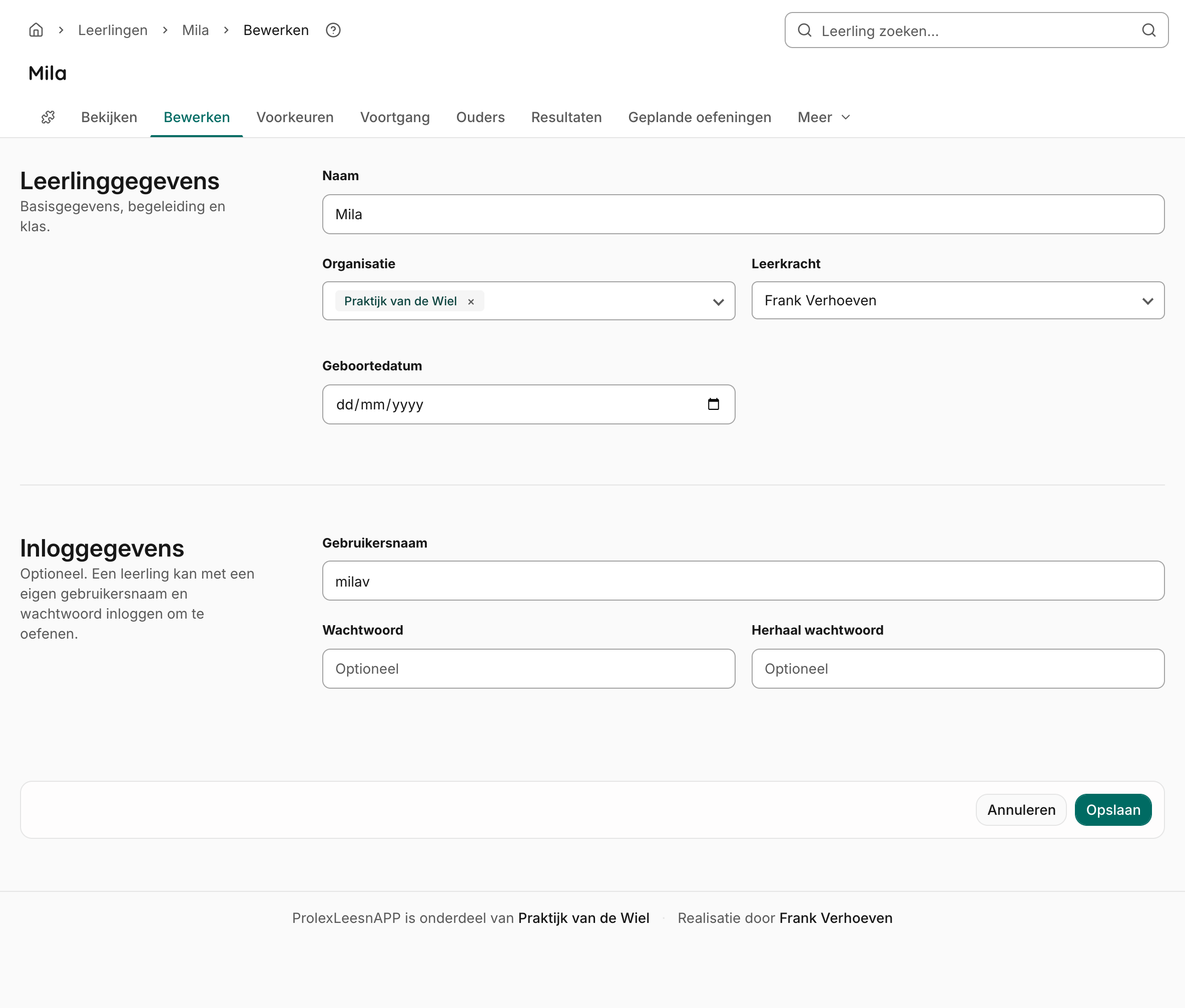 Het bewerkformulier van een leerling met naam, niveau, klas en accountvelden