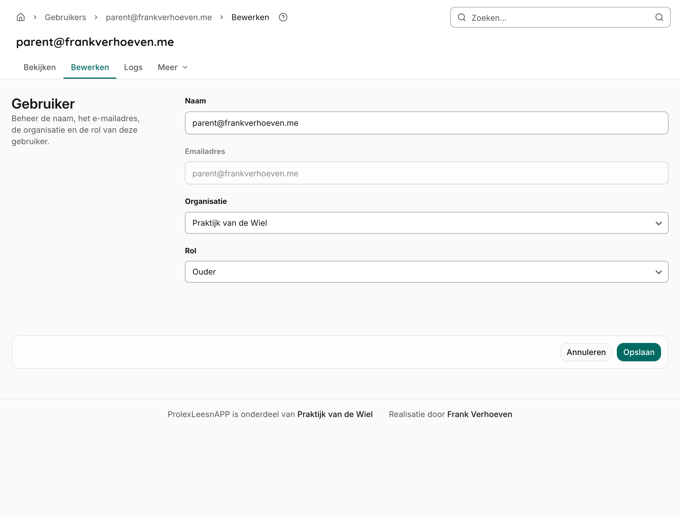Het bewerkformulier van een gebruiker met naam, e-mail (niet bewerkbaar), organisatie en rol