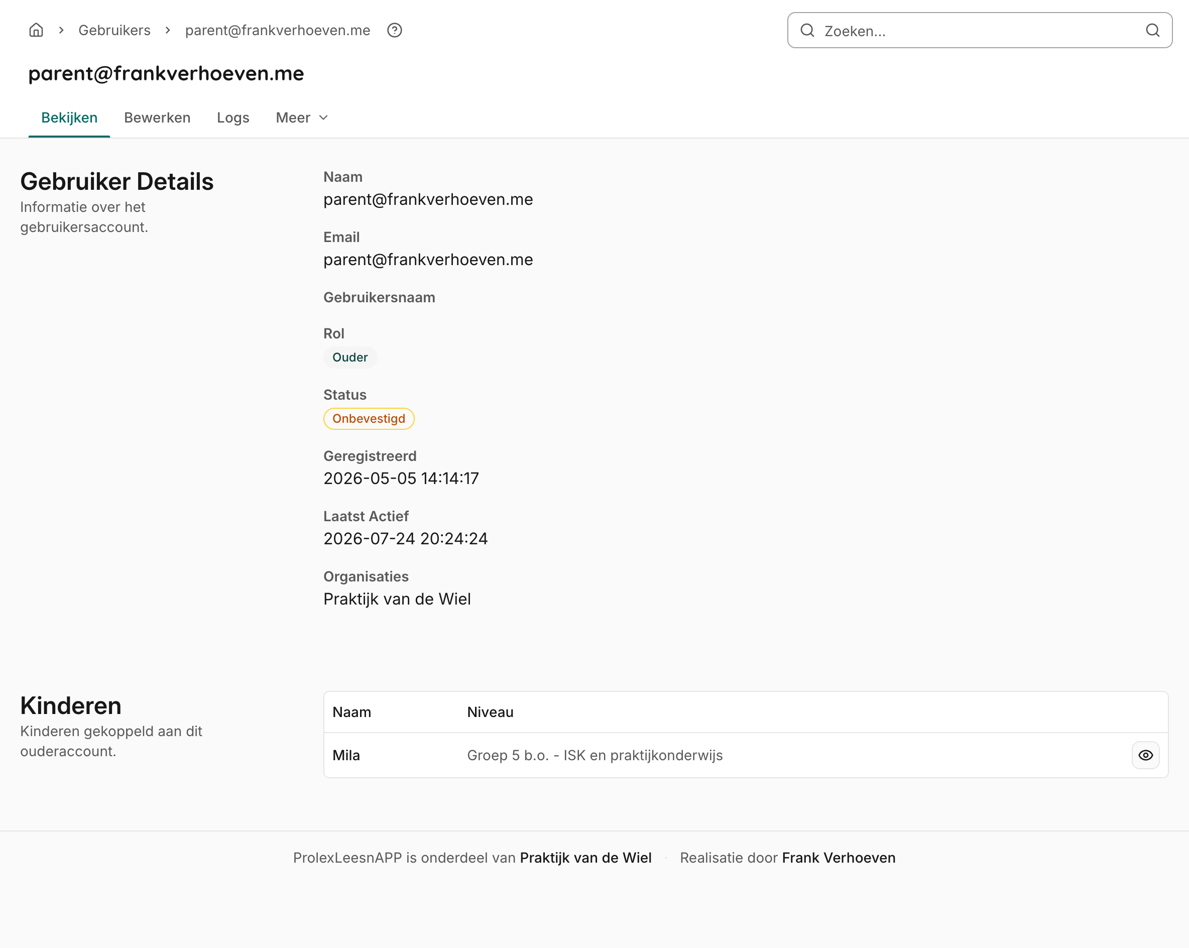 De detailpagina van een gebruiker met naam, e-mail, rol, status en organisatie