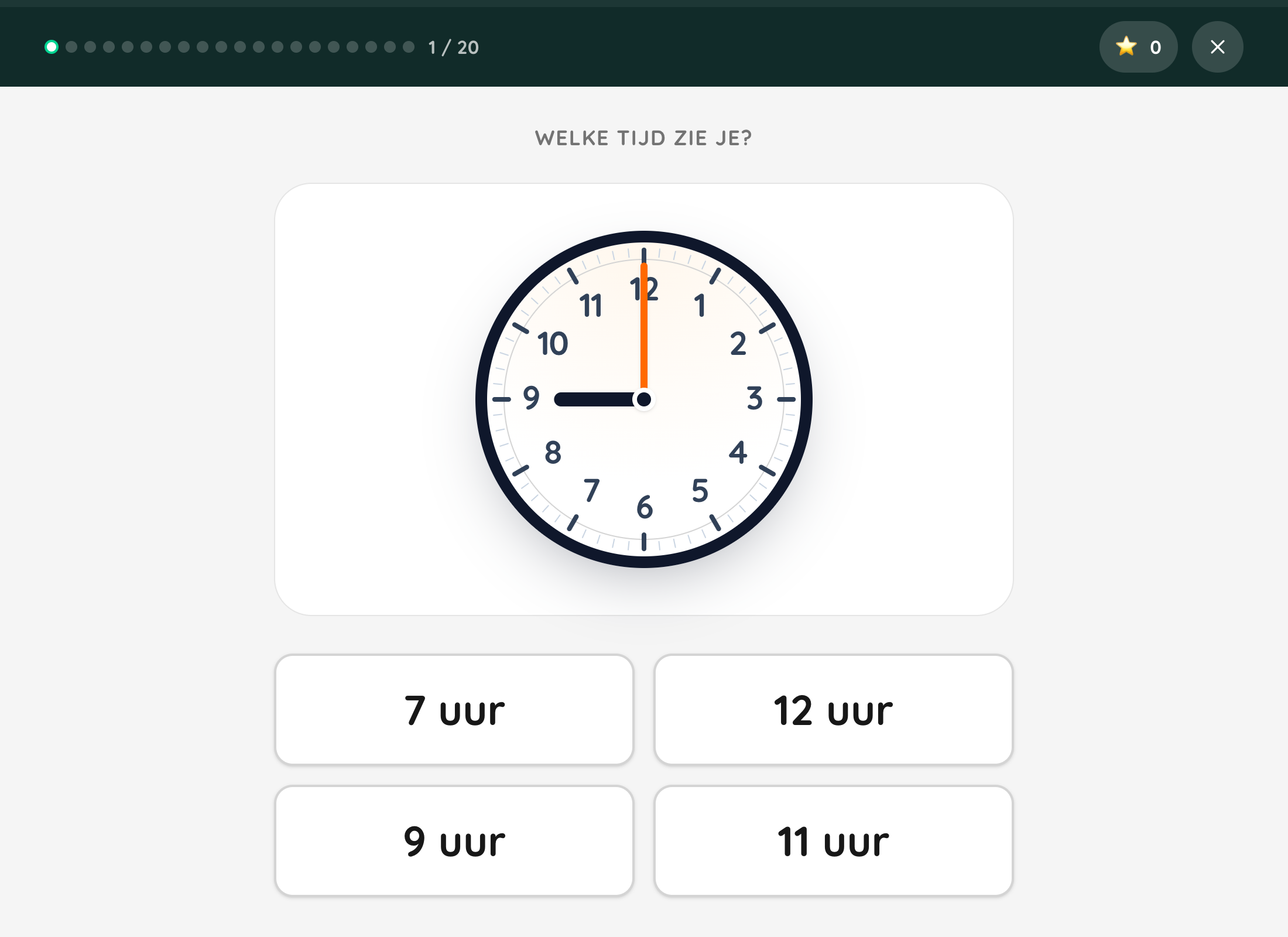 An analog clock with four Dutch time phrases to choose from.
