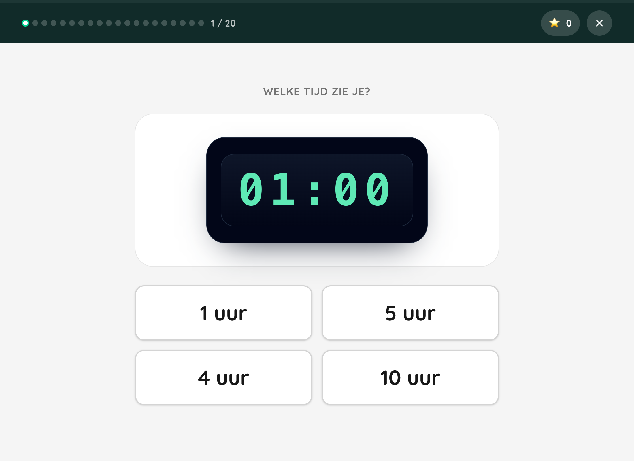 Een digitale klokoefening met vier Nederlandse tijdsaanduidingen.