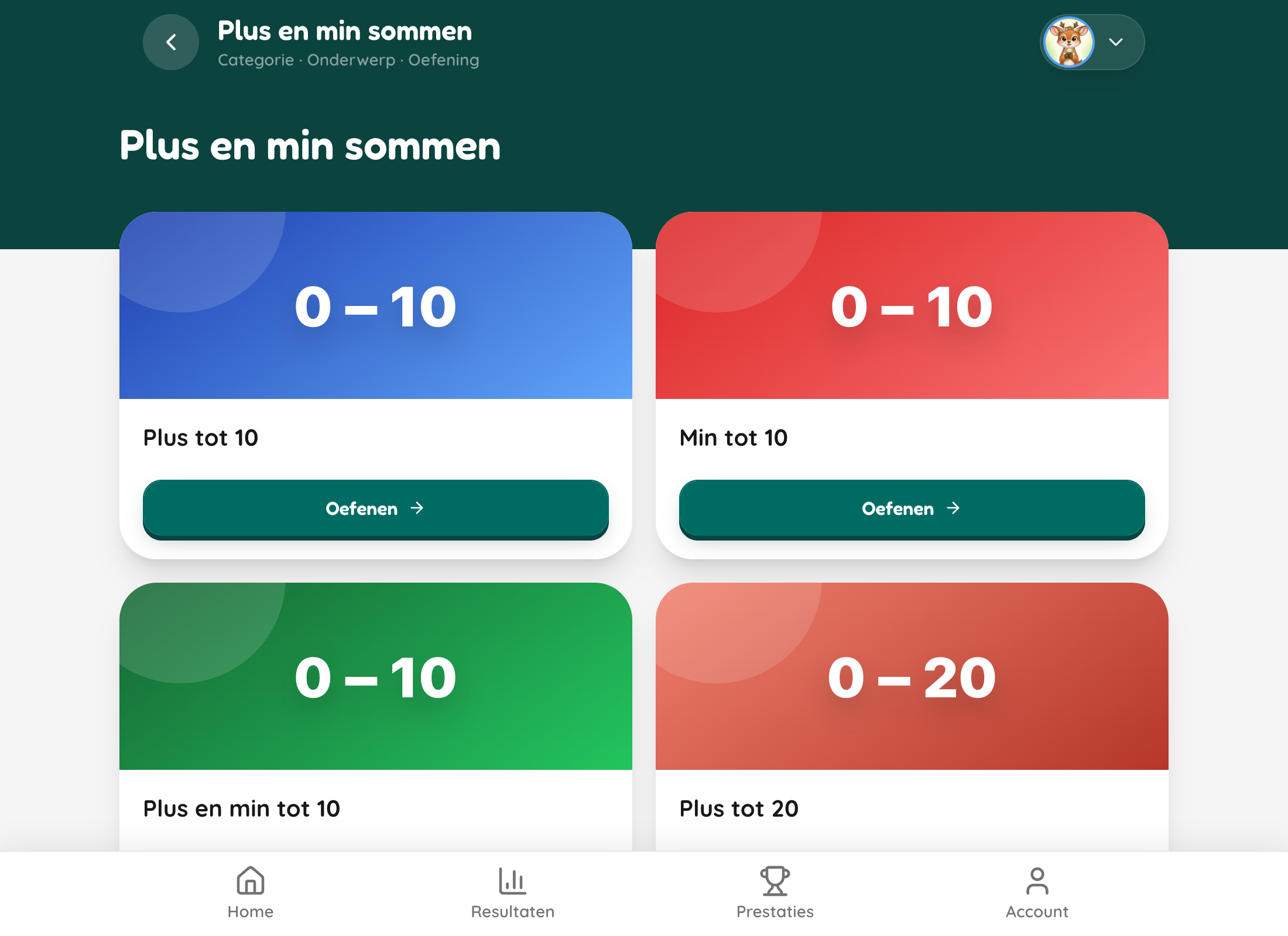 Overzicht van beschikbare rekenoefeningen voordat een ronde begint.