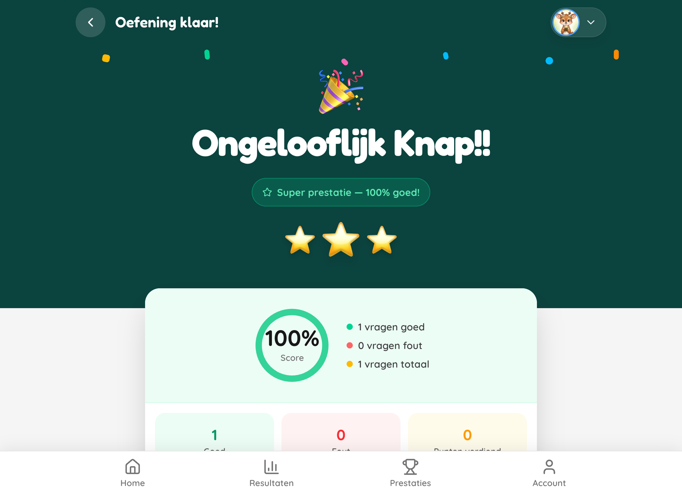Voorbeeld van het eindscherm met een perfecte score voor een afgeronde rekenronde.