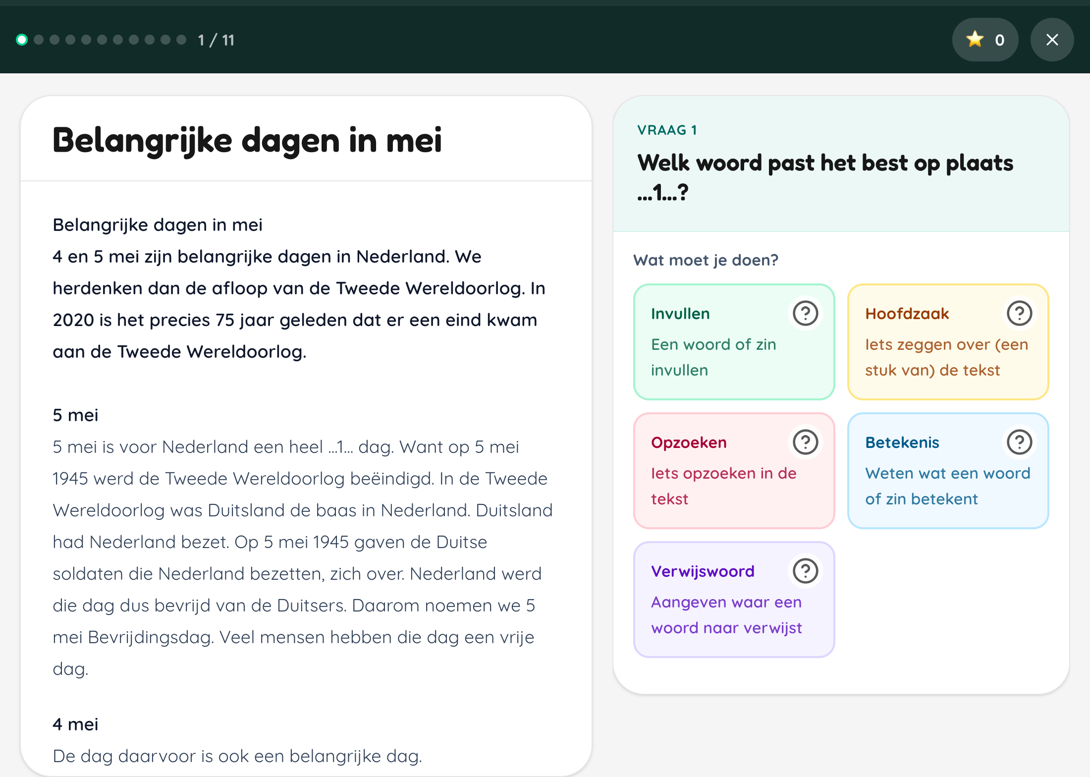 A reading text on the left and a question with question-type choices on the right.