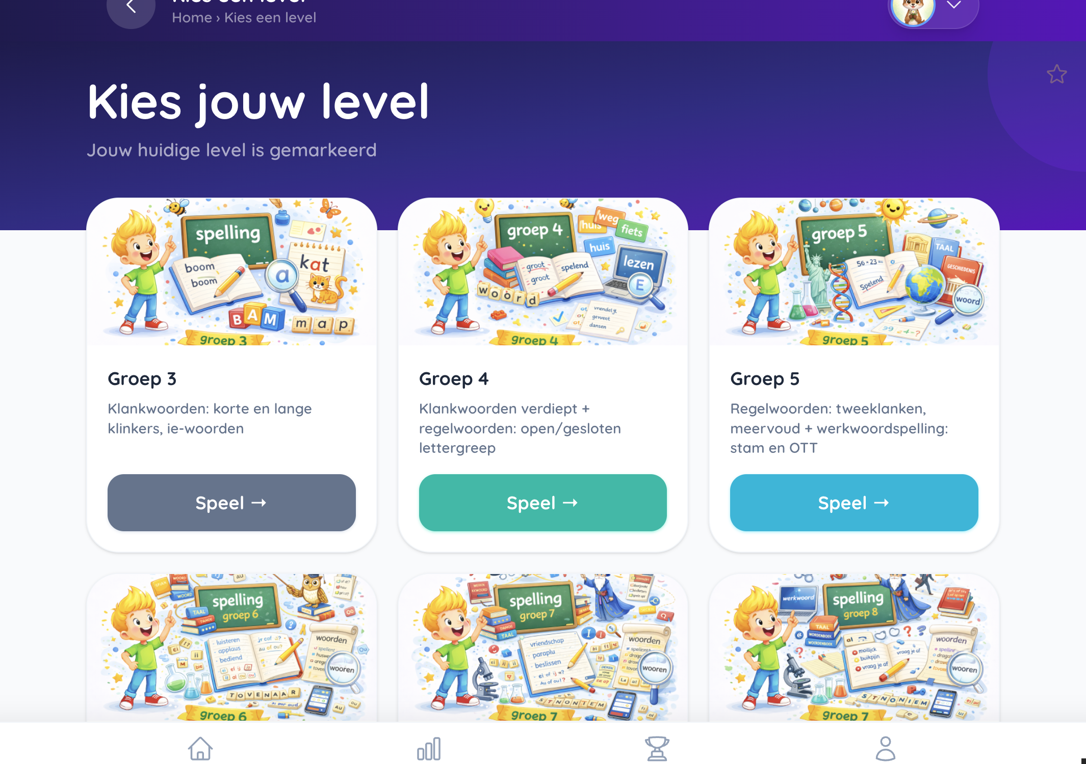 Screenshot van het spellingcategorieoverzicht