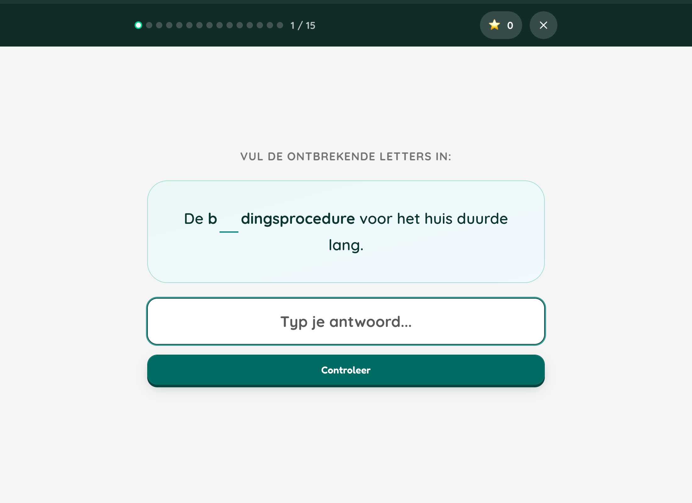 Een spellingvraag laat het kind ontbrekende letters in een zin invullen.
