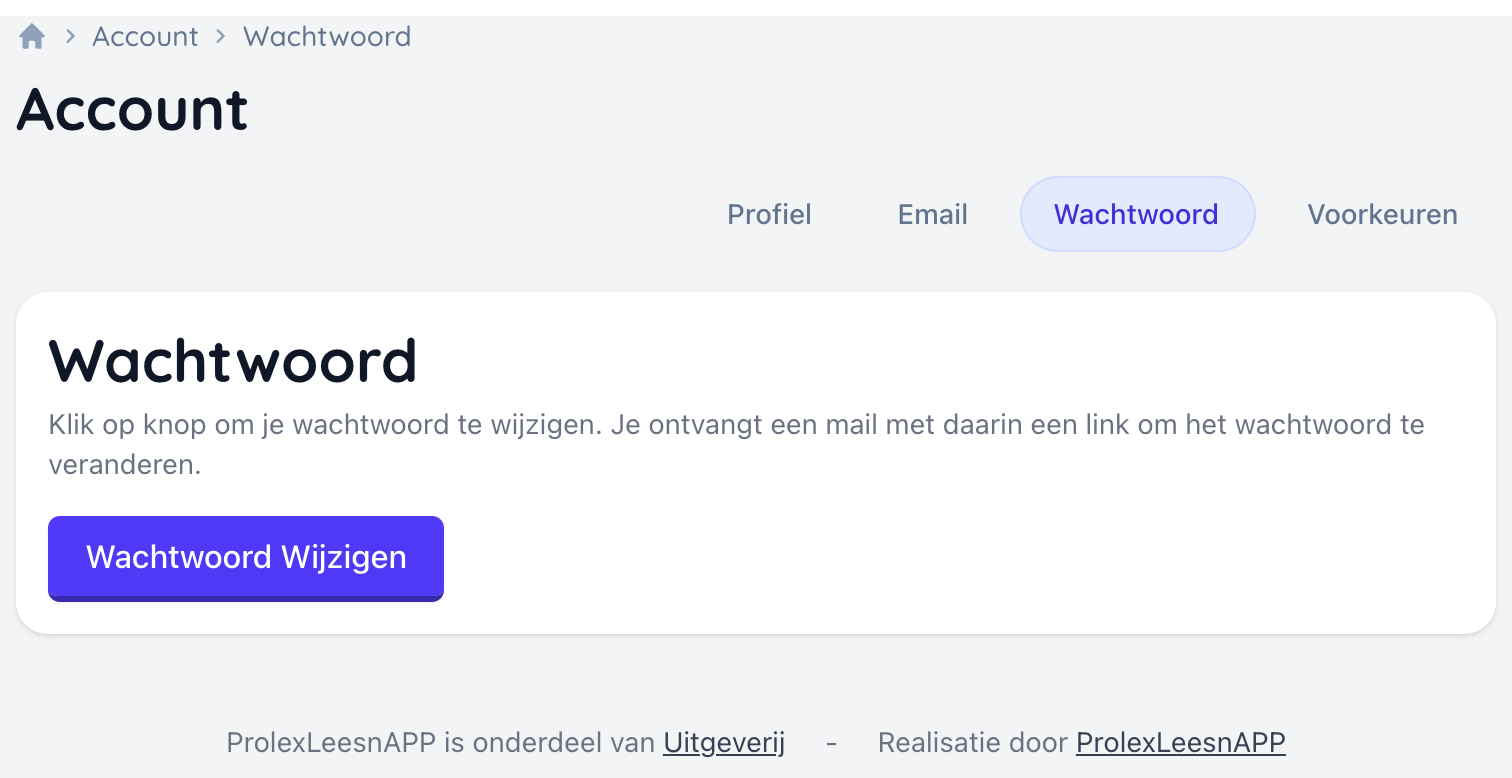 Het tabblad Wachtwoord met een knop om een wachtwoordreset aan te vragen