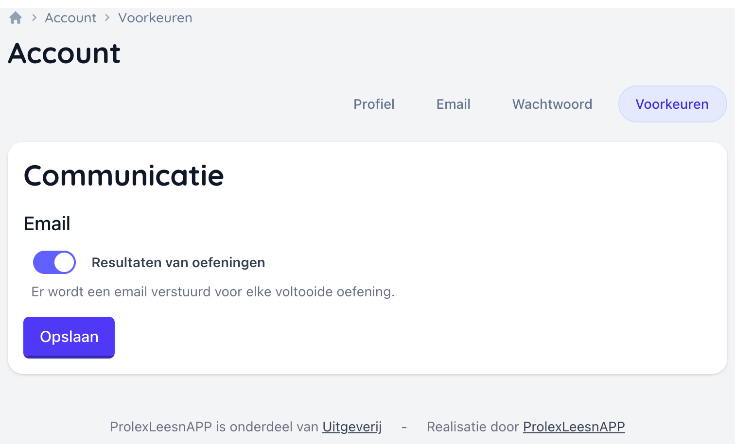 Het tabblad Voorkeuren met een schakelaar voor het ontvangen van resultaten per e-mail