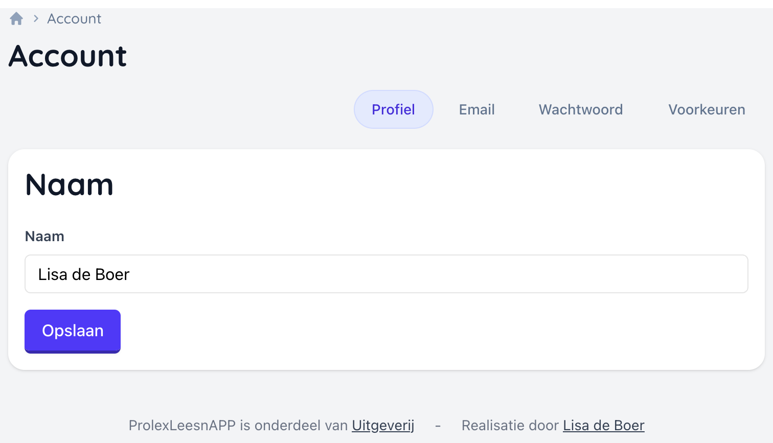 Het tabblad Profiel met een invoerveld voor de naam en een opslaan-knop