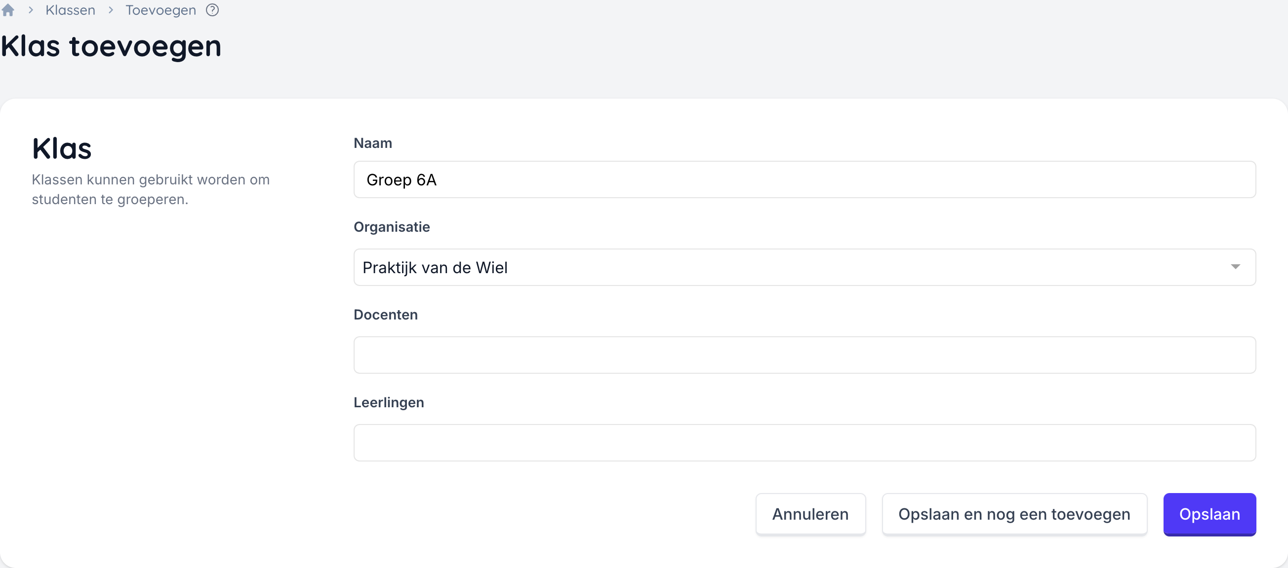 Het formulier om een nieuwe klas aan te maken