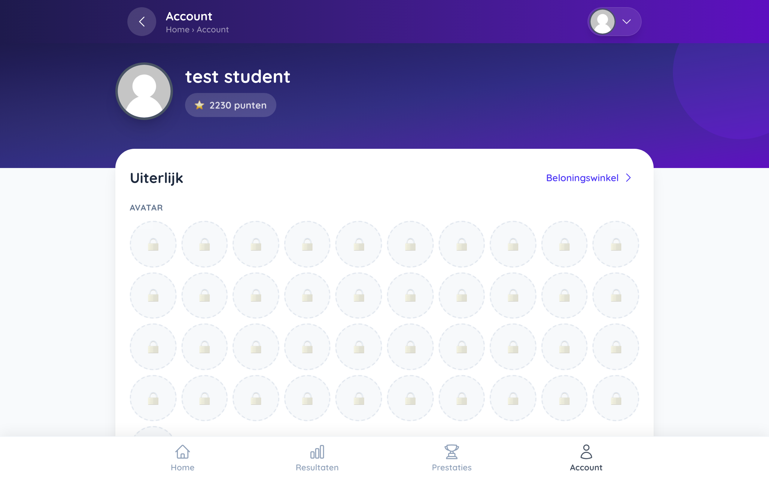 Het accountscherm met avatar, kleurkeuze en inloggegevens