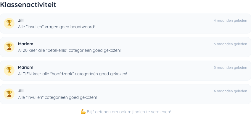 De klasactiviteit-widget met recente prestaties van klasgenoten