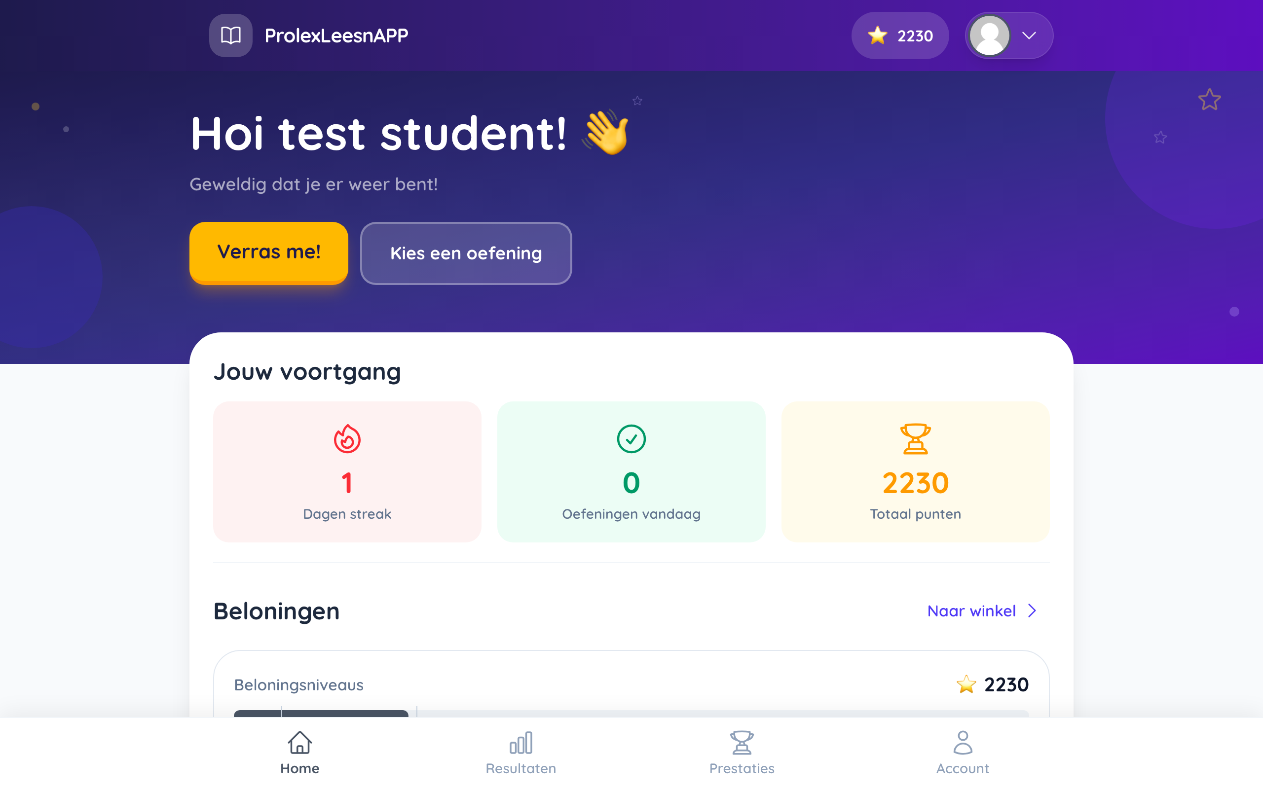 Het dashboard van de spelomgeving met welkomstboodschap en knoppen
