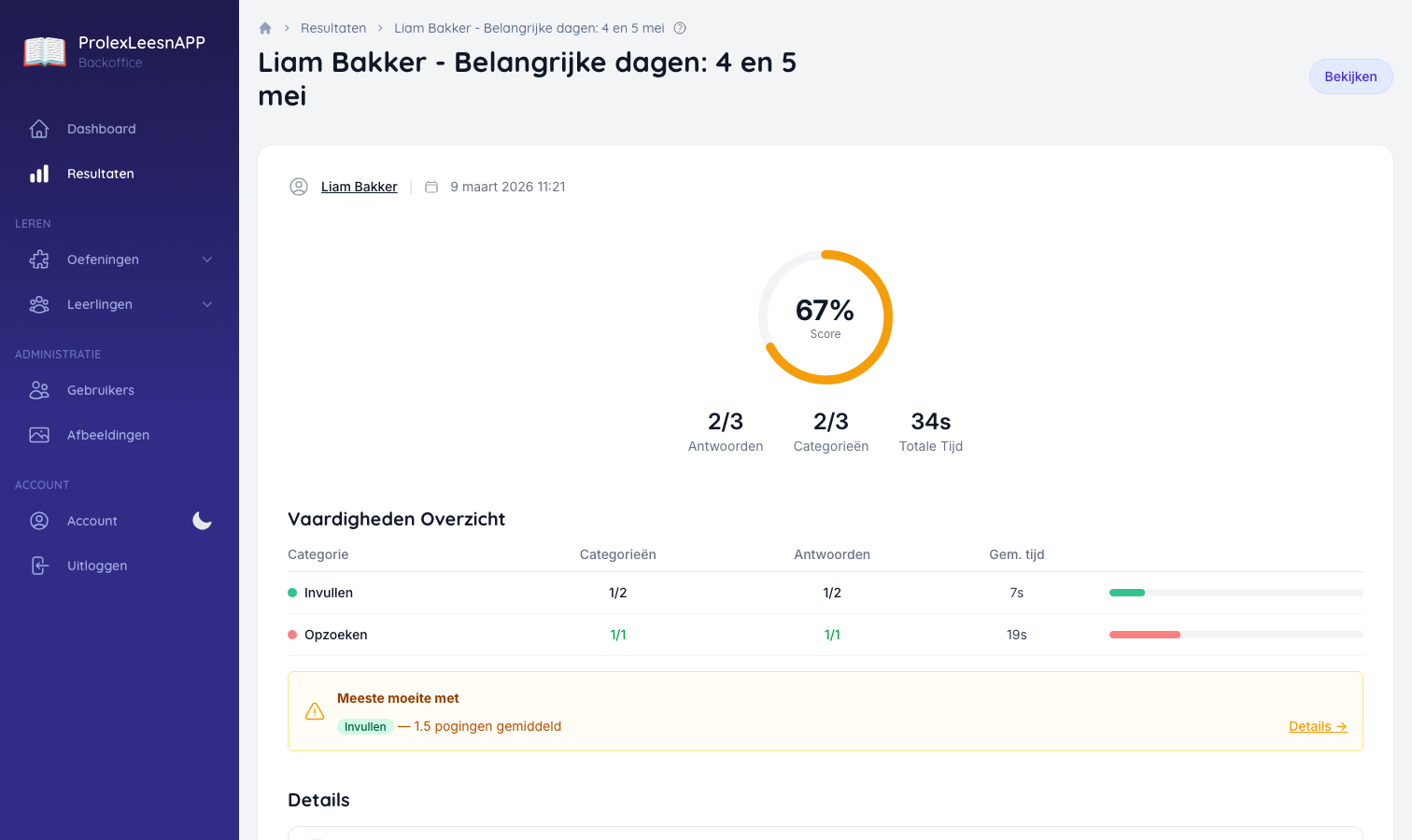 De detailpagina van een toetsresultaat met score-overzicht en vraagdetails