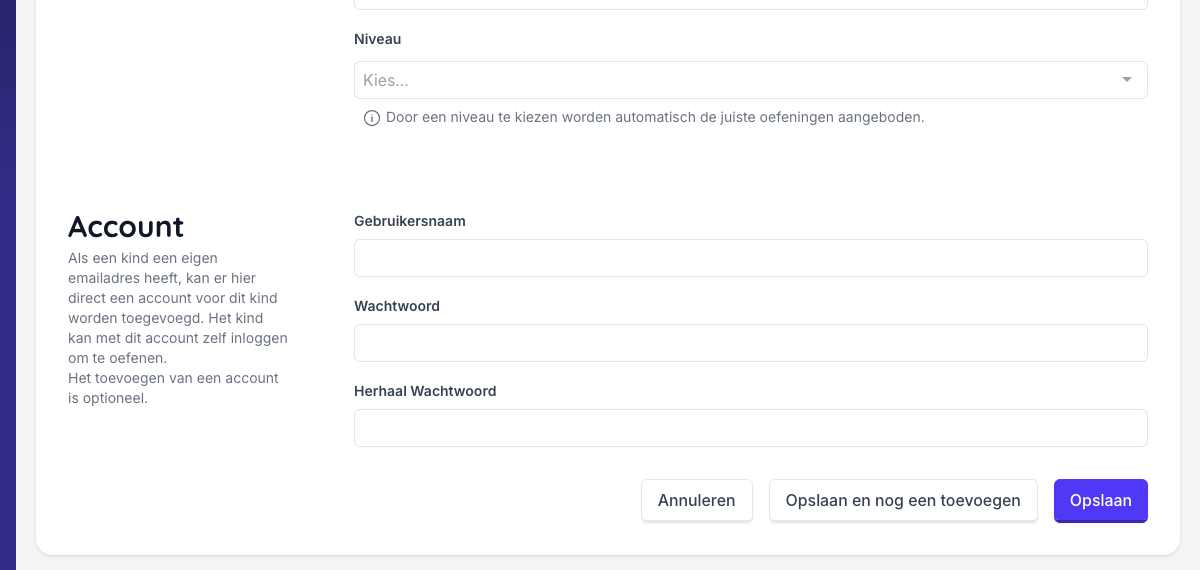 Het Account-gedeelte met gebruikersnaam- en wachtwoordvelden