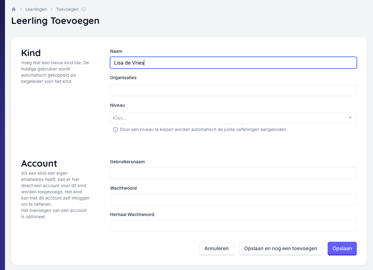 Het volledige formulier ingevuld met voorbeeldgegevens