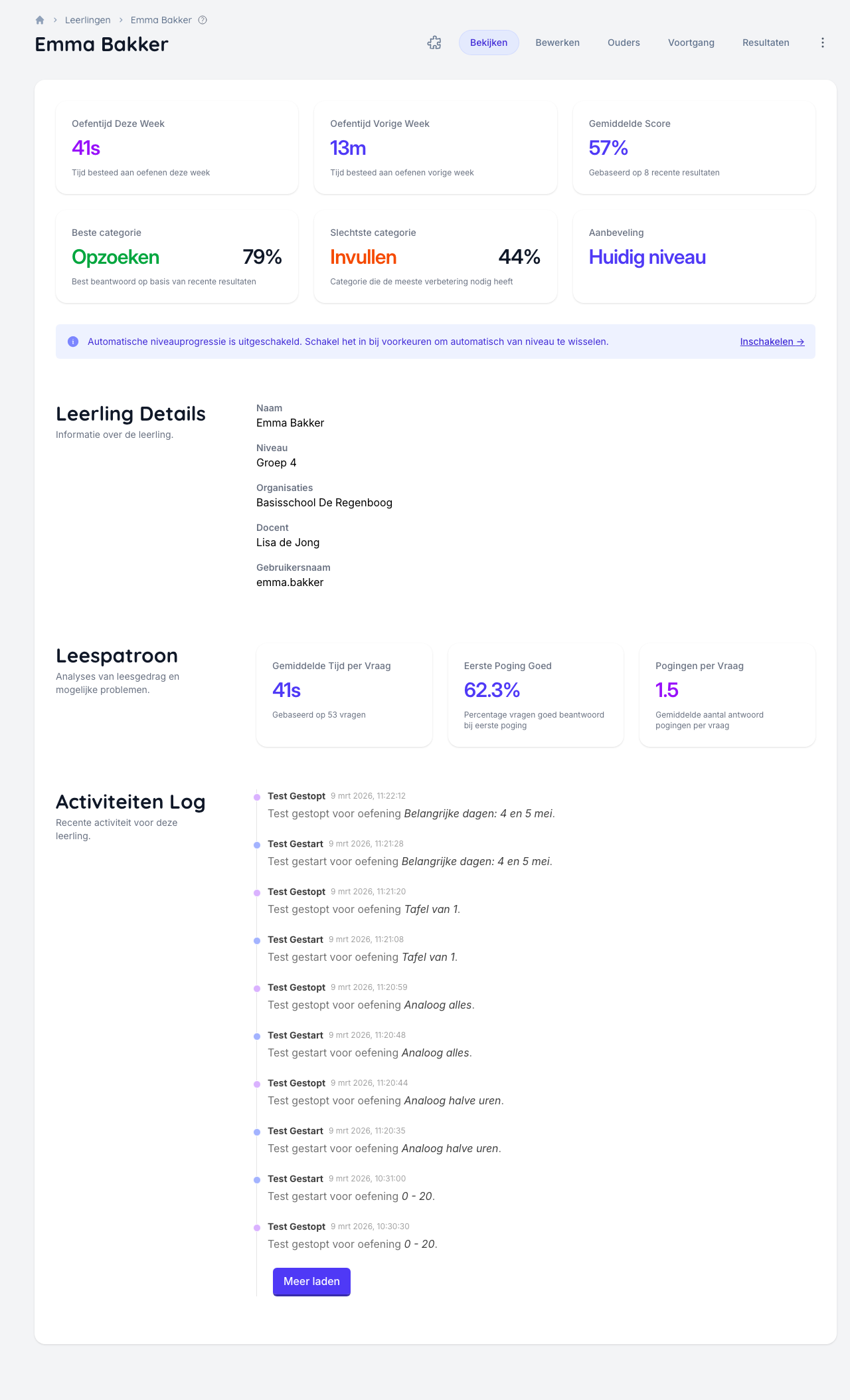 De detailpagina van een leerling met naam, niveau, begeleider en prestaties
