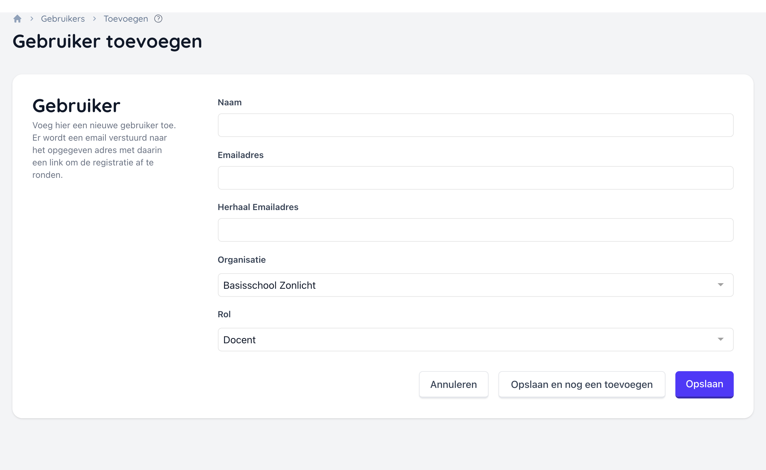 Het formulier om een nieuwe gebruiker aan te maken